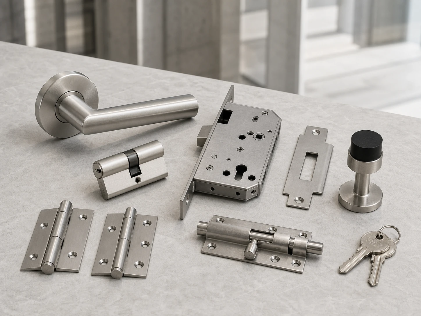 Door fittings including hinges and locks